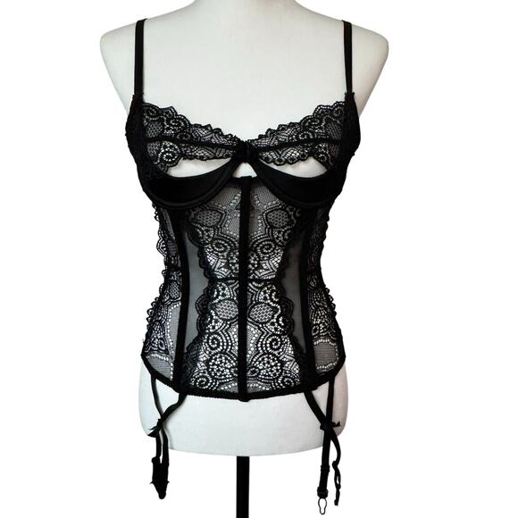 FREDERICKS OF HOLLYWOOD Small Black Lace Demi Cup Sheer Corset Top Garter Clips - Picture 2 of 10